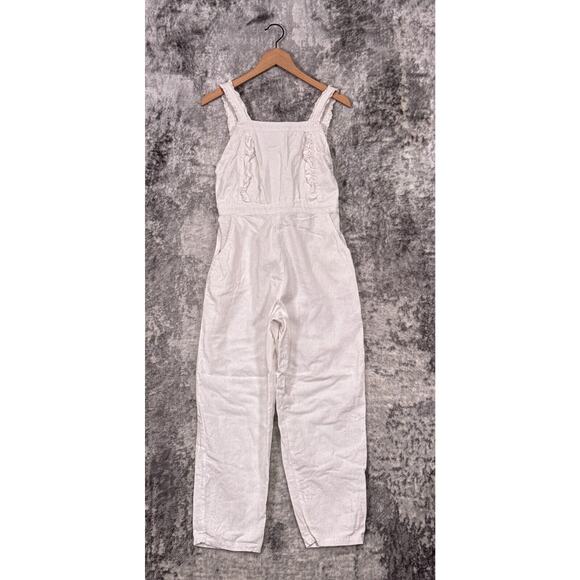 Anthropologie Jumpsuit Small Womens Rue Stiic White Linen Blend Ruffled Tapered - Picture 1 of 9